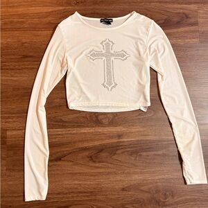 WORN ONCE PLT white Long Sleeve Top with rhinestone Cross Design